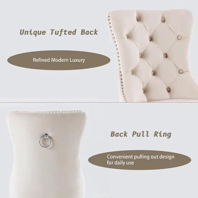 Alt view image 5 of 7 - Velvet Dining Chairs Set of 2, Upholstered High-end Tufted Dining Room Chair with Nailhead Back Ring Pull Trim Stainless Steel Legs, Contemporary Nikki Collection Modern Style for Kitchen, Beige