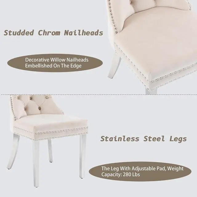 Alt view image 6 of 7 - Velvet Dining Chairs Set of 2, Upholstered High-end Tufted Dining Room Chair with Nailhead Back Ring Pull Trim Stainless Steel Legs, Contemporary Nikki Collection Modern Style for Kitchen, Beige