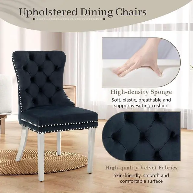 Alt view image 4 of 7 - Velvet Dining Chairs Set of 4, Upholstered High-end Tufted Dining Room Chair with Nailhead Back Ring Pull Trim Stainless Steel Legs, Contemporary Nikki Collection Modern Style for Kitchen, Black