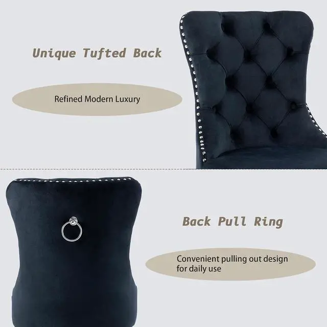 Alt view image 5 of 7 - Velvet Dining Chairs Set of 4, Upholstered High-end Tufted Dining Room Chair with Nailhead Back Ring Pull Trim Stainless Steel Legs, Contemporary Nikki Collection Modern Style for Kitchen, Black