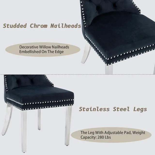 Alt view image 6 of 7 - Velvet Dining Chairs Set of 4, Upholstered High-end Tufted Dining Room Chair with Nailhead Back Ring Pull Trim Stainless Steel Legs, Contemporary Nikki Collection Modern Style for Kitchen, Black