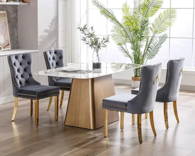 Alt view image 2 of 7 - Velvet Dining Chairs Set of 4, Upholstered High-end Tufted Dining Chair with Nailhead Back Ring Pull Trim Stainless Steel Legs, Contemporary Nikki Collection Modern Style for Kitchen, Dark Gray