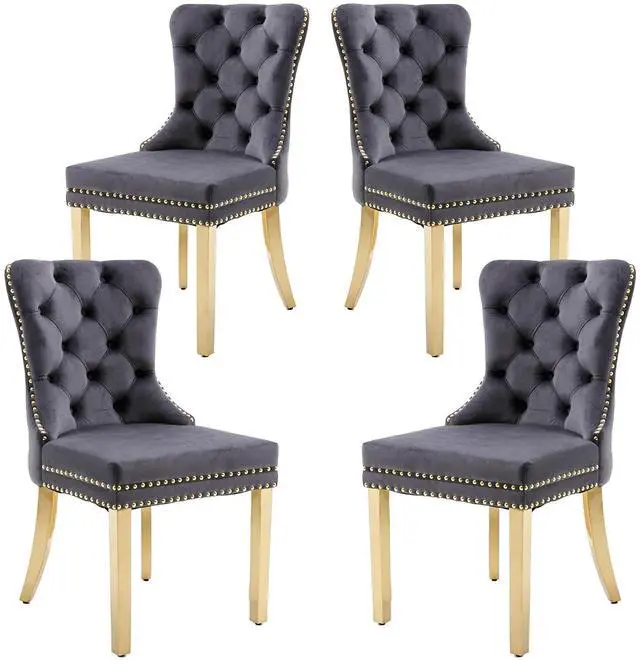 Main image of Velvet Dining Chairs Set of 4, Upholstered High-end Tufted Dining Chair with Nailhead Back Ring Pull Trim Stainless Steel Legs, Contemporary Nikki Collection Modern Style for Kitchen, Dark Gray