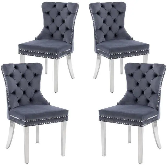Main image of Velvet Dining Chairs Set of 4, Upholstered High-end Tufted Dining Room Chair with Nailhead Back Ring Pull Trim Stainless Steel Legs, Contemporary Nikki Collection Modern Style for Kitchen, Gray