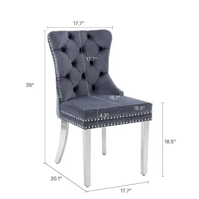 Alt view image 3 of 7 - Velvet Dining Chairs Set of 4, Upholstered High-end Tufted Dining Room Chair with Nailhead Back Ring Pull Trim Stainless Steel Legs, Contemporary Nikki Collection Modern Style for Kitchen, Gray