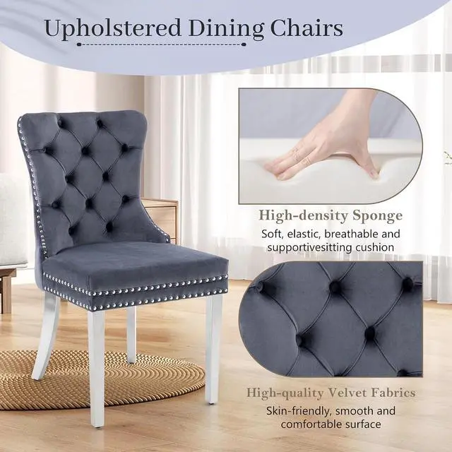 Alt view image 4 of 7 - Velvet Dining Chairs Set of 4, Upholstered High-end Tufted Dining Room Chair with Nailhead Back Ring Pull Trim Stainless Steel Legs, Contemporary Nikki Collection Modern Style for Kitchen, Gray
