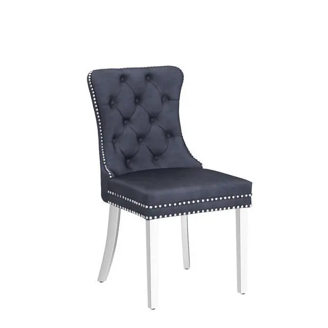 Alt view image 5 of 7 - Velvet Dining Chairs Set of 4, Upholstered High-end Tufted Dining Room Chair with Nailhead Back Ring Pull Trim Stainless Steel Legs, Contemporary Nikki Collection Modern Style for Kitchen, Gray