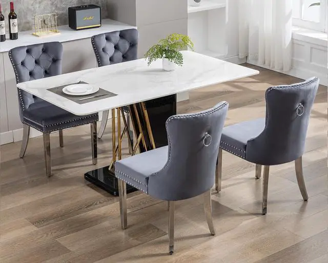 Alt view image 2 of 7 - Velvet Dining Chairs Set of 4, Upholstered High-end Tufted Dining Room Chair with Nailhead Back Ring Pull Trim Stainless Steel Legs, Contemporary Nikki Collection Modern Style for Kitchen, Gray