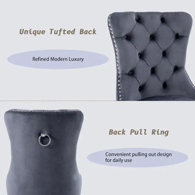 Alt view image 6 of 7 - Velvet Dining Chairs Set of 4, Upholstered High-end Tufted Dining Room Chair with Nailhead Back Ring Pull Trim Stainless Steel Legs, Contemporary Nikki Collection Modern Style for Kitchen, Gray