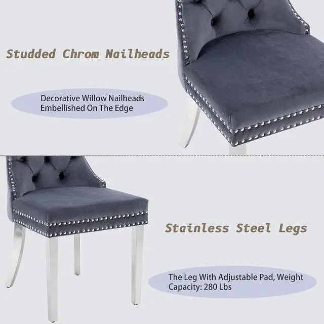 Alt view image 7 of 7 - Velvet Dining Chairs Set of 4, Upholstered High-end Tufted Dining Room Chair with Nailhead Back Ring Pull Trim Stainless Steel Legs, Contemporary Nikki Collection Modern Style for Kitchen, Gray