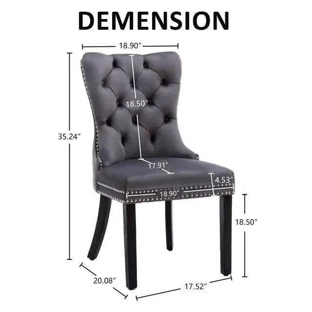 Alt view image 3 of 7 - Velvet Dining Chairs Set of 2, Upholstered High-end Tufted Dining Room Chair with Nailhead Back Ring Pull Trim Solid Wood Legs, Nikki Collection Modern Style for Kitchen, Grey