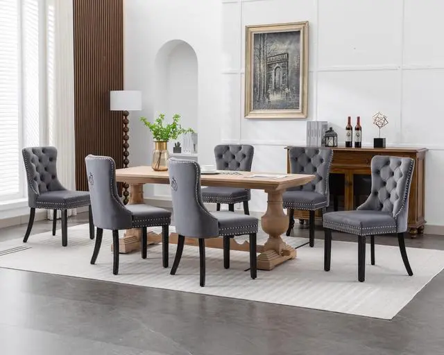 Alt view image 2 of 7 - Velvet Dining Chairs Set of 6, Upholstered High-end Tufted Dining Room Chair with Nailhead Back Ring Pull Trim Solid Wood Legs, Nikki Collection Modern Style for Kitchen, Grey