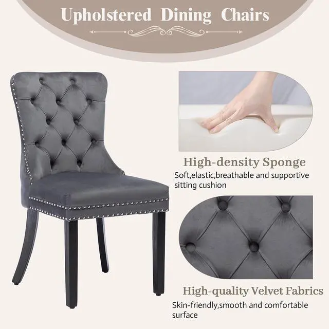 Alt view image 4 of 7 - Velvet Dining Chairs Set of 2, Upholstered High-end Tufted Dining Room Chair with Nailhead Back Ring Pull Trim Solid Wood Legs, Nikki Collection Modern Style for Kitchen, Grey