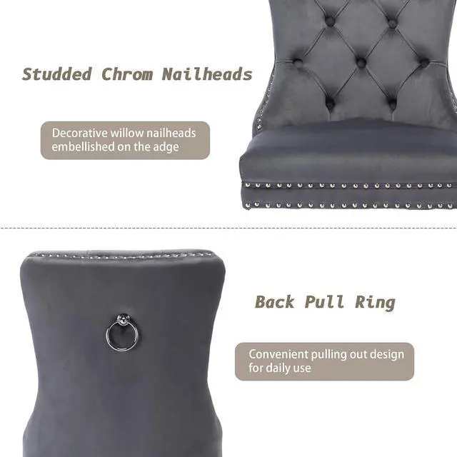 Alt view image 6 of 7 - Velvet Dining Chairs Set of 2, Upholstered High-end Tufted Dining Room Chair with Nailhead Back Ring Pull Trim Solid Wood Legs, Nikki Collection Modern Style for Kitchen, Grey