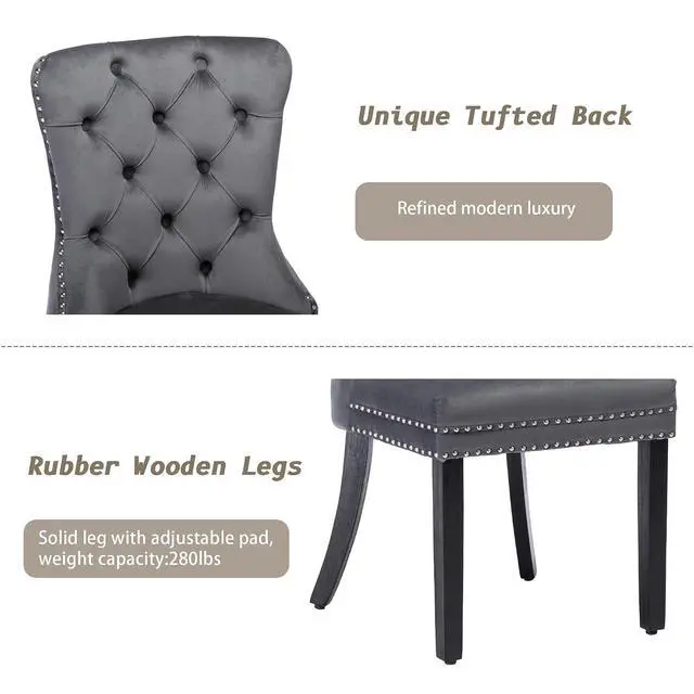 Alt view image 7 of 7 - Velvet Dining Chairs Set of 2, Upholstered High-end Tufted Dining Room Chair with Nailhead Back Ring Pull Trim Solid Wood Legs, Nikki Collection Modern Style for Kitchen, Grey