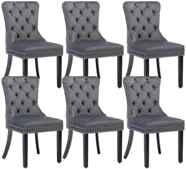 Main image of Velvet Dining Chairs Set of 6, Upholstered High-end Tufted Dining Room Chair with Nailhead Back Ring Pull Trim Solid Wood Legs, Nikki Collection Modern Style for Kitchen, Grey