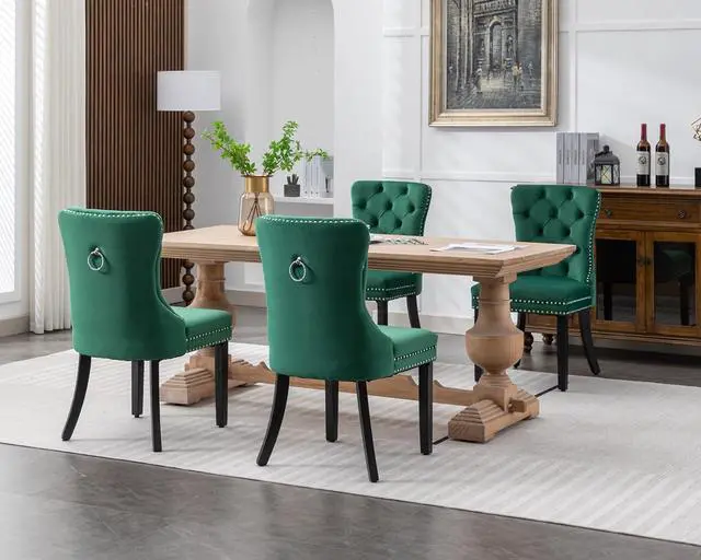 Alt view image 2 of 7 - Velvet Dining Chairs Set of 4, Upholstered High-end Tufted Dining Room Chair with Nailhead Back Ring Pull Trim Solid Wood Legs, Nikki Collection Modern Style for Kitchen, Green