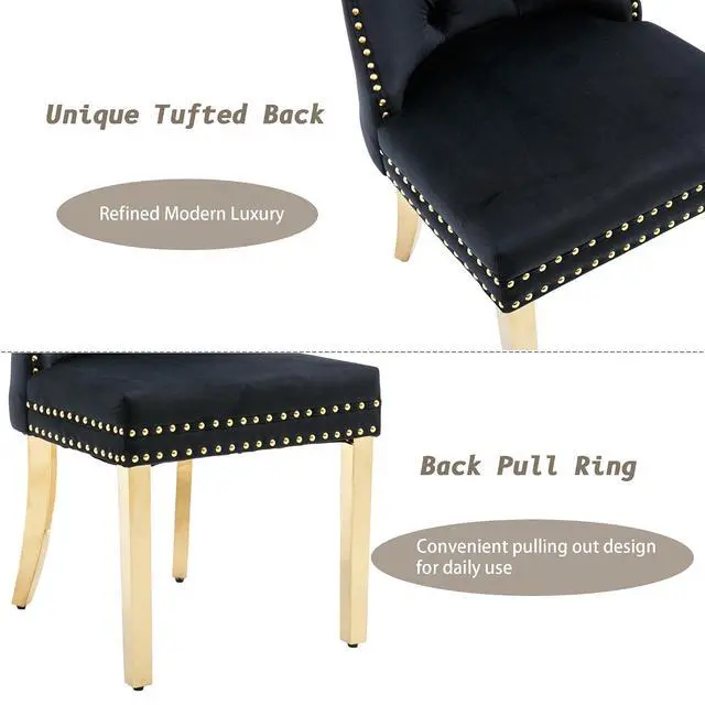 Alt view image 6 of 7 - Velvet Dining Chairs Set of 6, Upholstered High-end Tufted Dining Chair with Nailhead Back Ring Pull Trim Stainless Steel Legs, Contemporary Nikki Collection Modern Style for Kitchen, Black