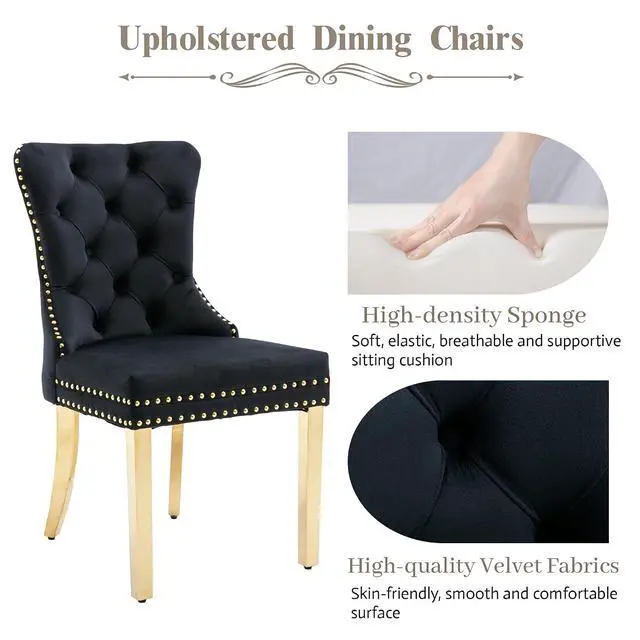 Alt view image 4 of 7 - Velvet Dining Chairs Set of 6, Upholstered High-end Tufted Dining Chair with Nailhead Back Ring Pull Trim Stainless Steel Legs, Contemporary Nikki Collection Modern Style for Kitchen, Black