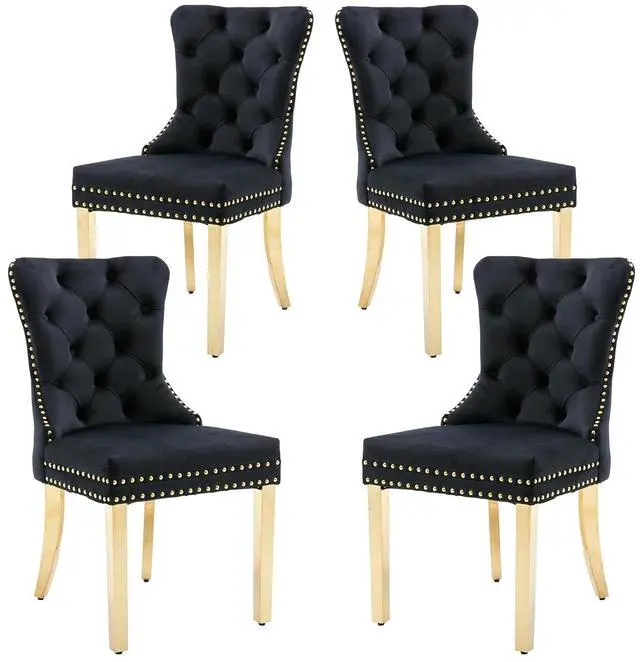 Main image of Velvet Dining Chairs Set of 4, Upholstered High-end Tufted Dining Chair with Nailhead Back Ring Pull Trim Stainless Steel Legs, Contemporary Nikki Collection Modern Style for Kitchen, Black