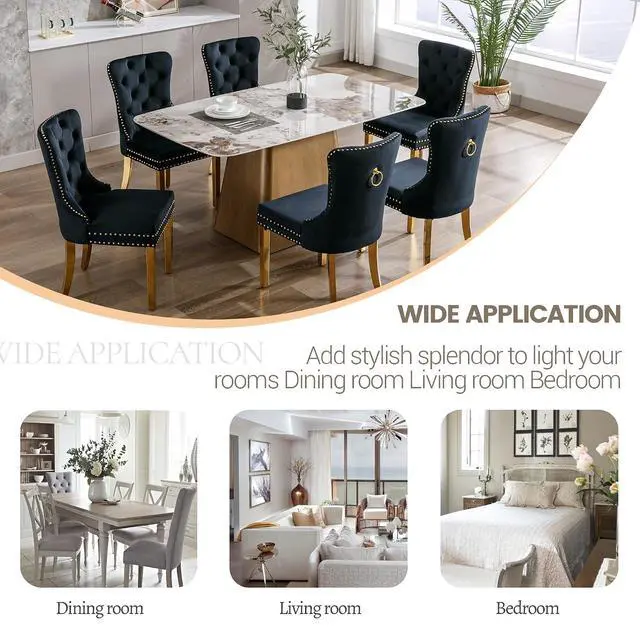Alt view image 7 of 7 - Velvet Dining Chairs Set of 6, Upholstered High-end Tufted Dining Chair with Nailhead Back Ring Pull Trim Stainless Steel Legs, Contemporary Nikki Collection Modern Style for Kitchen, Black
