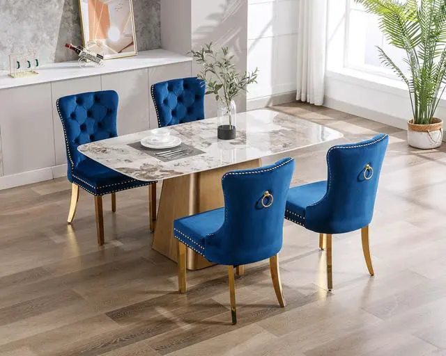 Alt view image 2 of 7 - Velvet Dining Chairs Set of 4, Upholstered High-end Tufted Dining Chair with Nailhead Back Ring Pull Trim Stainless Steel Legs, Contemporary Nikki Collection Modern Style for Kitchen, Blue