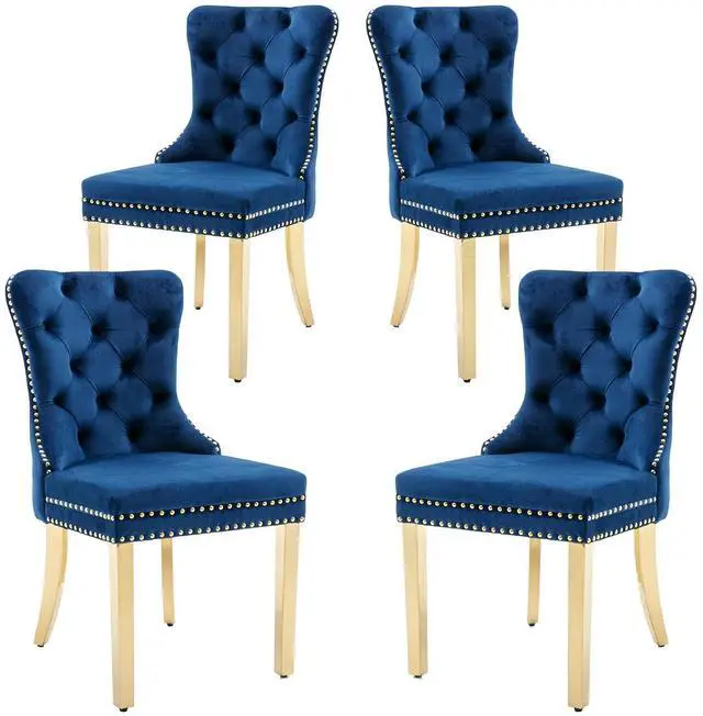 Main image of Velvet Dining Chairs Set of 4, Upholstered High-end Tufted Dining Chair with Nailhead Back Ring Pull Trim Stainless Steel Legs, Contemporary Nikki Collection Modern Style for Kitchen, Blue