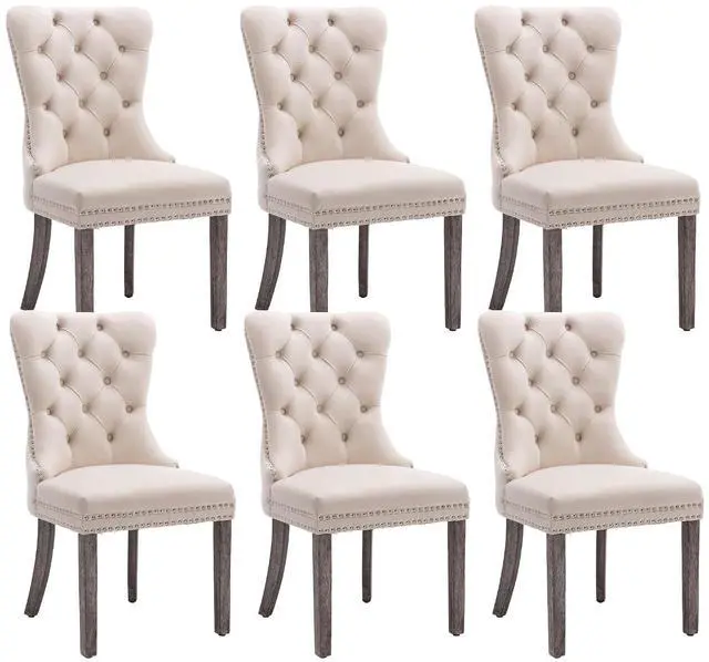 Main image of Velvet Dining Chairs Set of 6, Upholstered High-end Tufted Dining Room Chair with Nailhead Back Ring Pull Trim Solid Wood Legs, Nikki Collection Modern Style for Kitchen, Beige