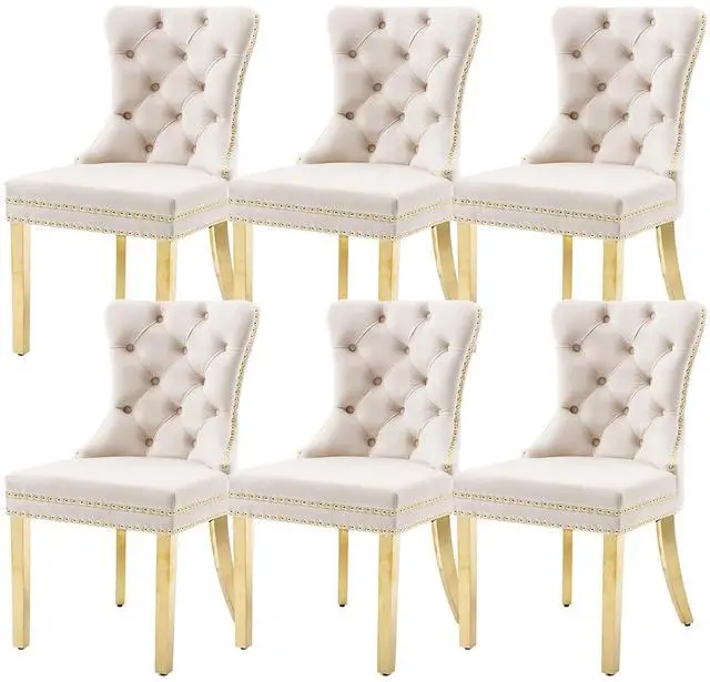 Main image of Velvet Dining Chairs Set of 6, Upholstered High-end Tufted Dining Chair with Nailhead Back Ring Pull Trim Stainless Steel Legs, Contemporary Nikki Collection Modern Style for Kitchen, Beige
