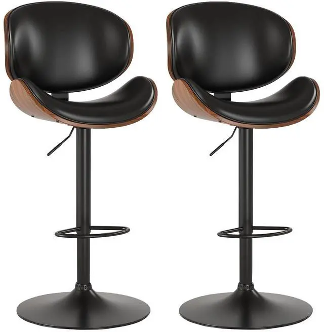 Main image of Bar Stools Set of 2, Swivel Adjustable Height Barstools, PU Leather Upholstered Bar Chairs with Footrest, Bentwood Bar Stool for Kitchen, Bar, Dining Room(Black PU)