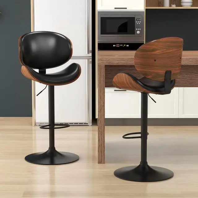 Alt view image 2 of 7 - Bar Stools Set of 2, Swivel Adjustable Height Barstools, PU Leather Upholstered Bar Chairs with Footrest, Bentwood Bar Stool for Kitchen, Bar, Dining Room(Black PU)