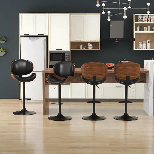 Alt view image 5 of 7 - Bar Stools Set of 2, Swivel Adjustable Height Barstools, PU Leather Upholstered Bar Chairs with Footrest, Bentwood Bar Stool for Kitchen, Bar, Dining Room(Black PU)