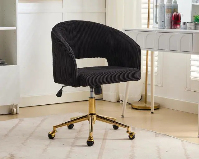 Main image of Home Office Chair Swivel Desk Chair Accent Armchair Upholstered Modern Tufted Chairs with Gold Base for Girls Women Ergonomic Study Seat Computer Task Stools, with Wheels, Corduroy,Black