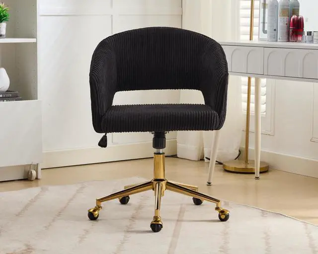 Alt view image 4 of 7 - Home Office Chair Swivel Desk Chair Accent Armchair Upholstered Modern Tufted Chairs with Gold Base for Girls Women Ergonomic Study Seat Computer Task Stools, with Wheels, Corduroy,Black