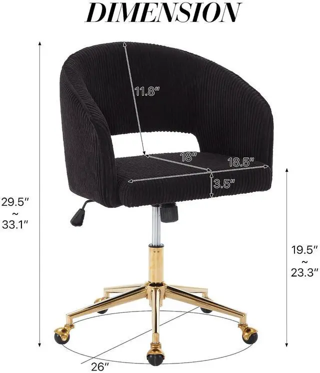 Alt view image 2 of 7 - Home Office Chair Swivel Desk Chair Accent Armchair Upholstered Modern Tufted Chairs with Gold Base for Girls Women Ergonomic Study Seat Computer Task Stools, with Wheels, Corduroy,Black