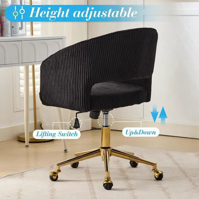 Alt view image 3 of 7 - Home Office Chair Swivel Desk Chair Accent Armchair Upholstered Modern Tufted Chairs with Gold Base for Girls Women Ergonomic Study Seat Computer Task Stools, with Wheels, Corduroy,Black