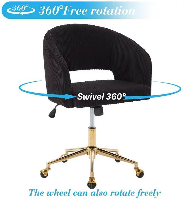 Alt view image 5 of 7 - Home Office Chair Swivel Desk Chair Accent Armchair Upholstered Modern Tufted Chairs with Gold Base for Girls Women Ergonomic Study Seat Computer Task Stools, with Wheels, Corduroy,Black