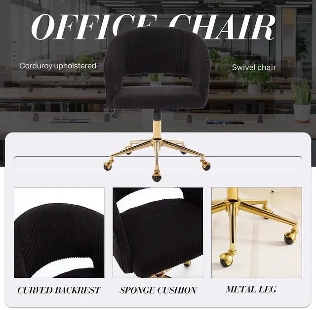 Alt view image 7 of 7 - Home Office Chair Swivel Desk Chair Accent Armchair Upholstered Modern Tufted Chairs with Gold Base for Girls Women Ergonomic Study Seat Computer Task Stools, with Wheels, Corduroy,Black