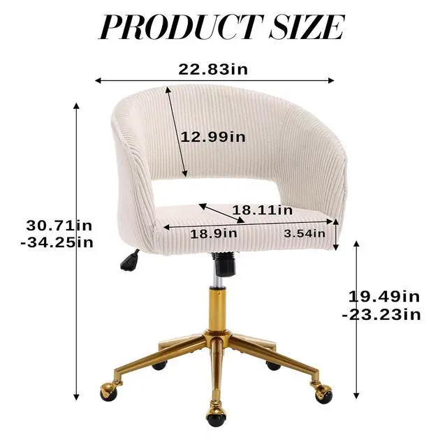 Alt view image 3 of 7 - Home Office Chair Swivel Desk Chair Accent Armchair Upholstered Modern Tufted Chairs with Gold Base for Girls Women Ergonomic Study Seat Computer Task Stools, with Wheels, Corduroy,Beige