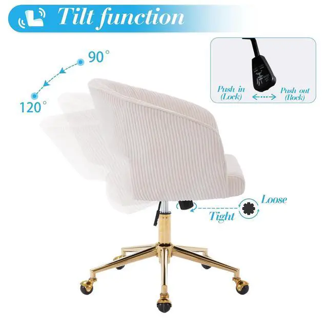 Alt view image 5 of 7 - Home Office Chair Swivel Desk Chair Accent Armchair Upholstered Modern Tufted Chairs with Gold Base for Girls Women Ergonomic Study Seat Computer Task Stools, with Wheels, Corduroy,Beige