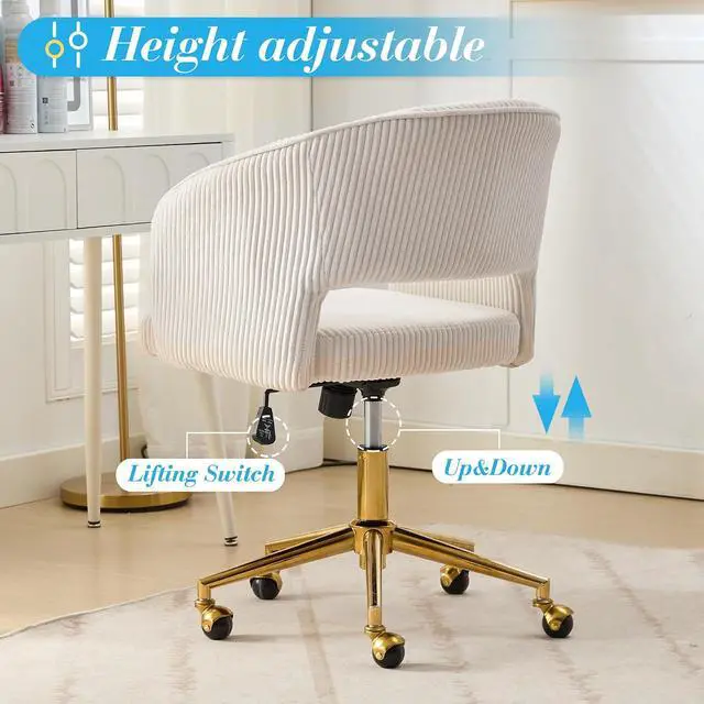 Alt view image 4 of 7 - Home Office Chair Swivel Desk Chair Accent Armchair Upholstered Modern Tufted Chairs with Gold Base for Girls Women Ergonomic Study Seat Computer Task Stools, with Wheels, Corduroy,Beige