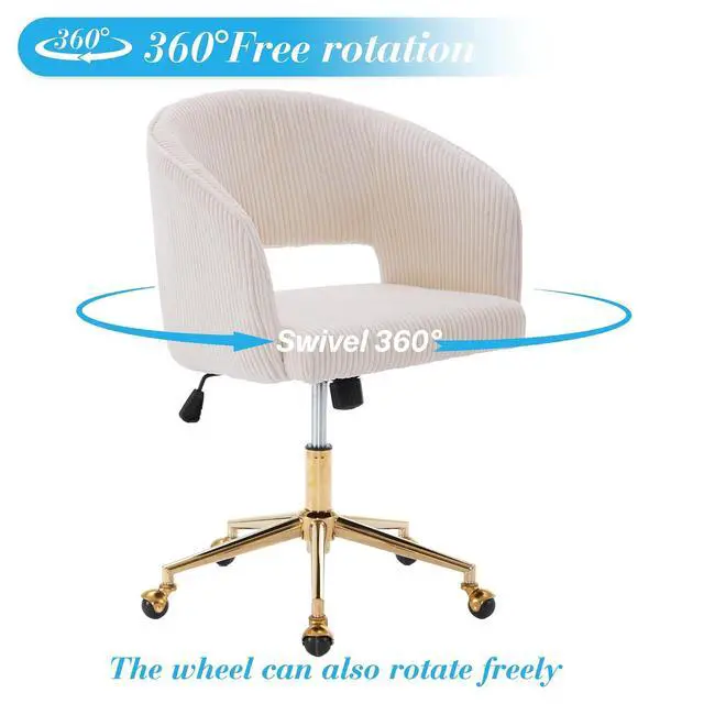 Alt view image 6 of 7 - Home Office Chair Swivel Desk Chair Accent Armchair Upholstered Modern Tufted Chairs with Gold Base for Girls Women Ergonomic Study Seat Computer Task Stools, with Wheels, Corduroy,Beige