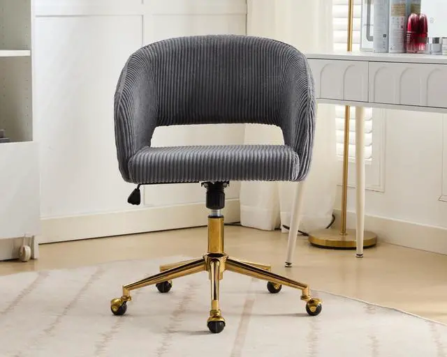 Alt view image 2 of 7 - Home Office Chair Swivel Desk Chair Accent Armchair Upholstered Modern Tufted Chairs with Gold Base for Girls Women Ergonomic Study Seat Computer Task Stools, with Wheels, Corduroy,Gray