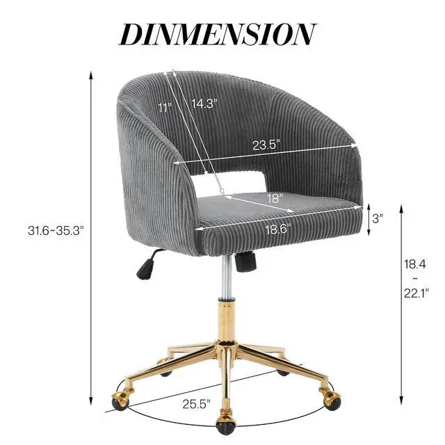 Alt view image 3 of 7 - Home Office Chair Swivel Desk Chair Accent Armchair Upholstered Modern Tufted Chairs with Gold Base for Girls Women Ergonomic Study Seat Computer Task Stools, with Wheels, Corduroy,Gray