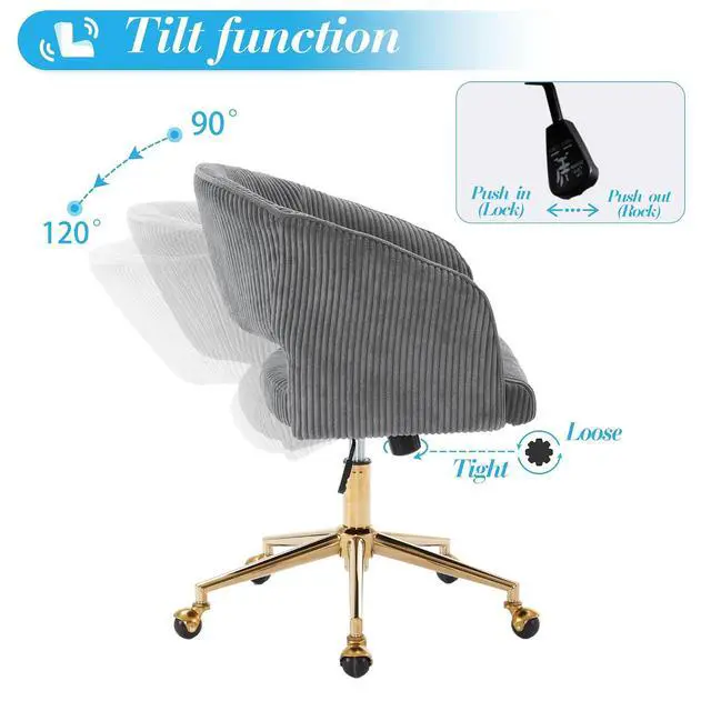 Alt view image 5 of 7 - Home Office Chair Swivel Desk Chair Accent Armchair Upholstered Modern Tufted Chairs with Gold Base for Girls Women Ergonomic Study Seat Computer Task Stools, with Wheels, Corduroy,Gray