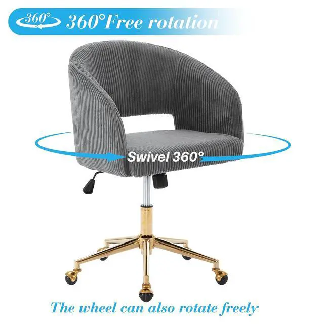 Alt view image 6 of 7 - Home Office Chair Swivel Desk Chair Accent Armchair Upholstered Modern Tufted Chairs with Gold Base for Girls Women Ergonomic Study Seat Computer Task Stools, with Wheels, Corduroy,Gray