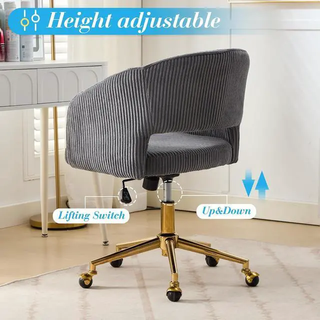 Alt view image 4 of 7 - Home Office Chair Swivel Desk Chair Accent Armchair Upholstered Modern Tufted Chairs with Gold Base for Girls Women Ergonomic Study Seat Computer Task Stools, with Wheels, Corduroy,Gray