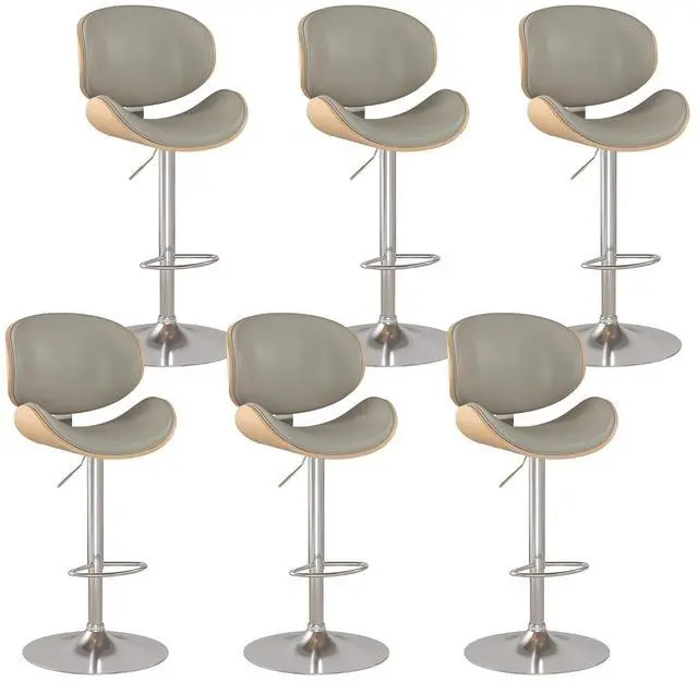 Main image of Bar Stools Set of 6, Swivel Adjustable Height Barstools, PU Leather Upholstered Bar Chairs with Footrest, Bentwood Bar Stool for Kitchen, Bar, Dining Room(Grey PU)