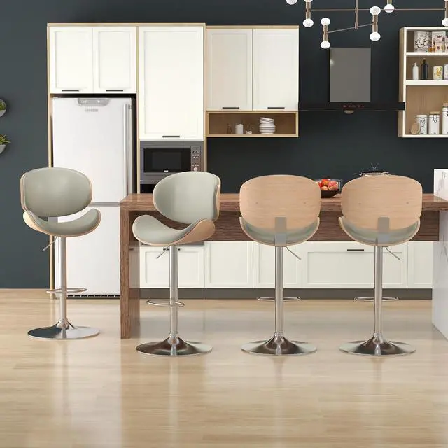 Alt view image 2 of 7 - Bar Stools Set of 6, Swivel Adjustable Height Barstools, PU Leather Upholstered Bar Chairs with Footrest, Bentwood Bar Stool for Kitchen, Bar, Dining Room(Grey PU)