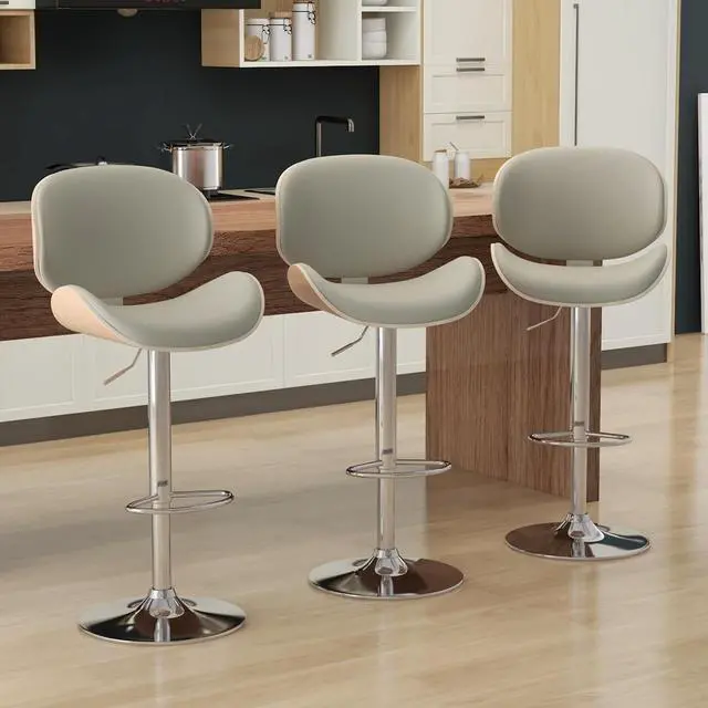 Main image of Bar Stools Set of 3, Swivel Adjustable Height Barstools, PU Leather Upholstered Bar Chairs with Footrest, Bentwood Bar Stool for Kitchen, Bar, Dining Room(Grey PU)